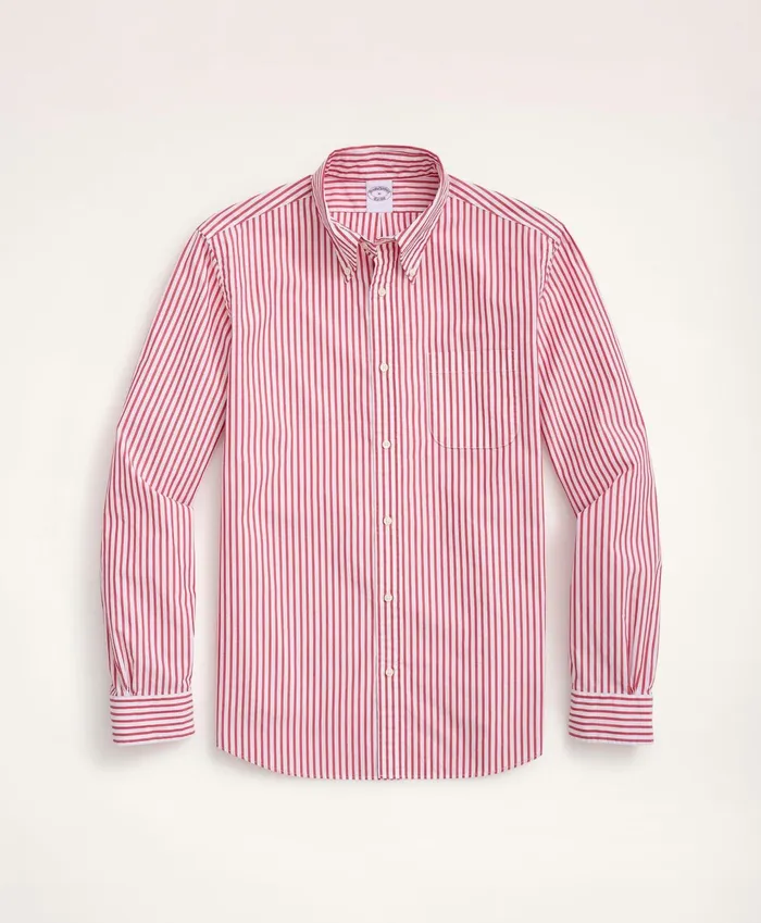 Men Friday Shirt Poplin Bengal Stripe Red Brooks Brothers Sport Shirts