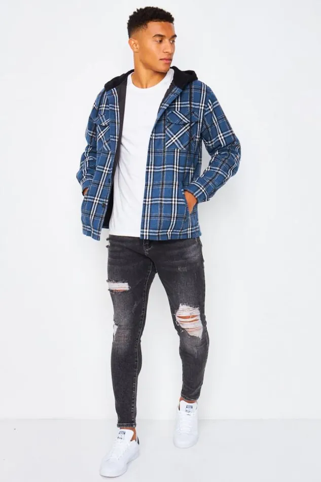 Men Hooded Overshirt In Blue Check Blue Brentiny Paris Shirts