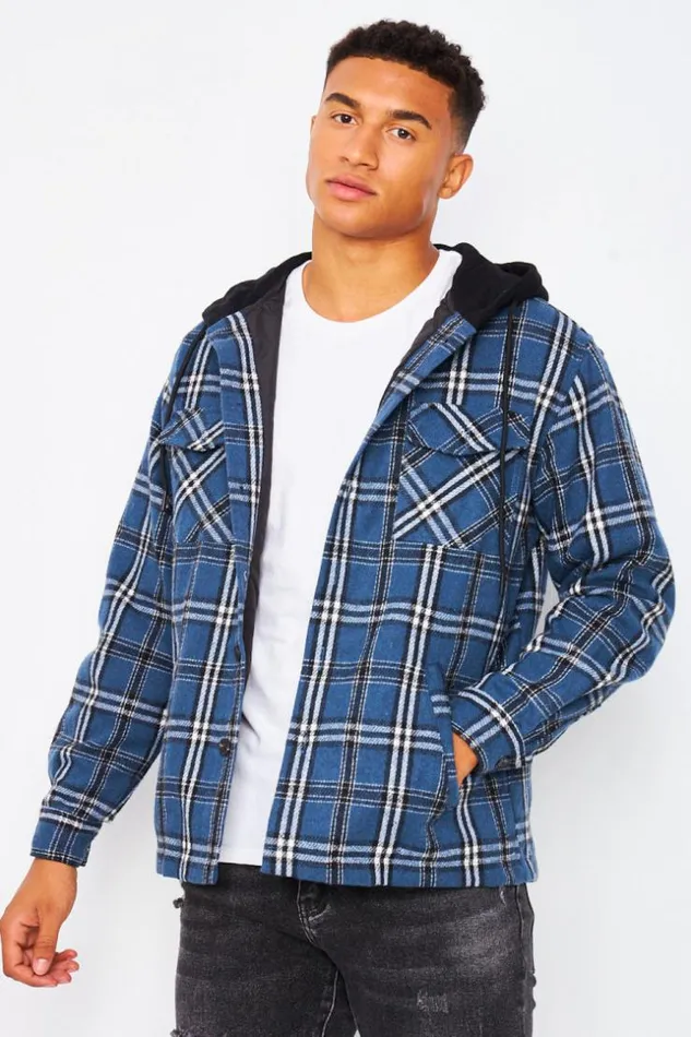 Men Hooded Overshirt In Blue Check Blue Brentiny Paris Shirts
