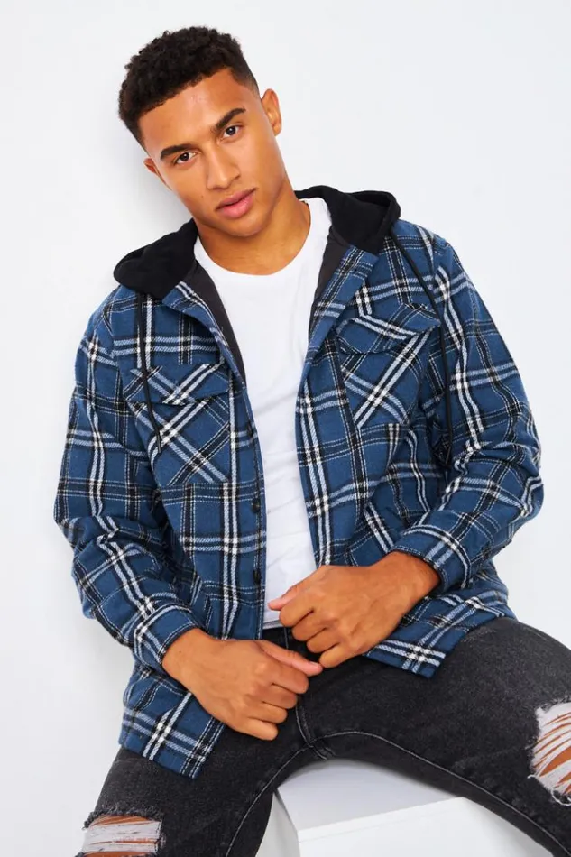Men Hooded Overshirt In Blue Check Blue Brentiny Paris Shirts