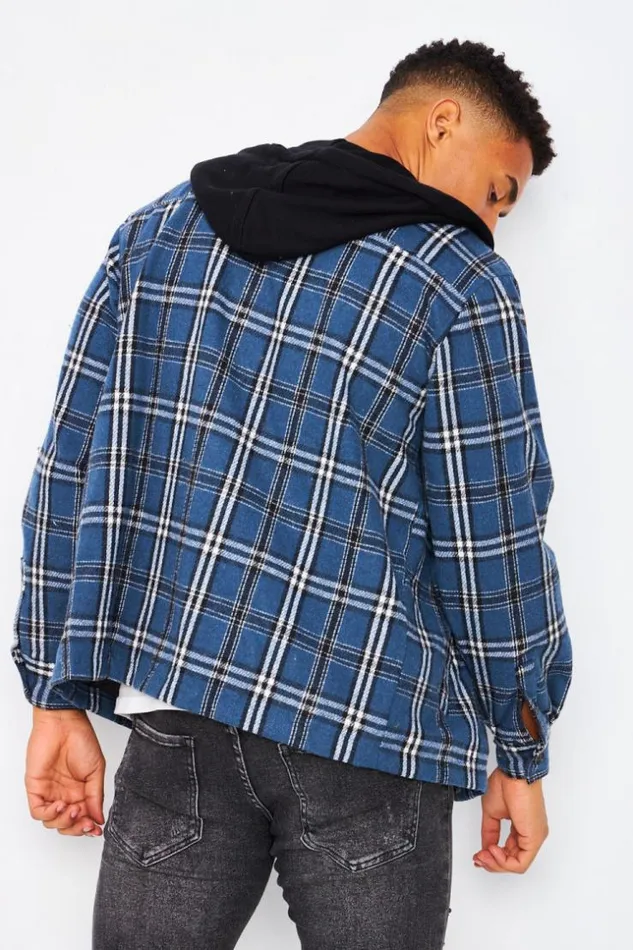 Men Hooded Overshirt In Blue Check Blue Brentiny Paris Shirts