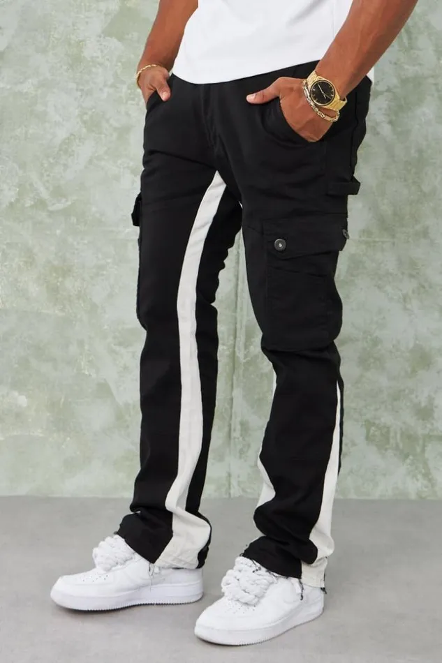 Men Jean Cargo Noir Empicement Blanc Black Brentiny Paris Jeans