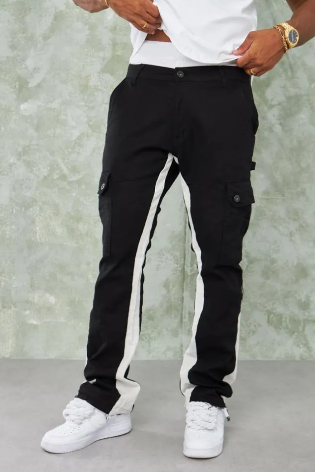 Men Jean Cargo Noir Empicement Blanc Black Brentiny Paris Jeans