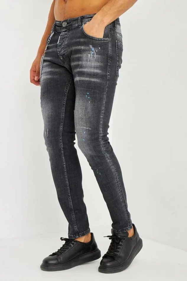 Men Jean Noir Dlav Dchir Et Taches Bleues Black Brentiny Paris Jeans