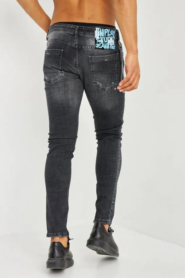 Men Jean Noir Dlav Dchir Et Taches Bleues Black Brentiny Paris Jeans