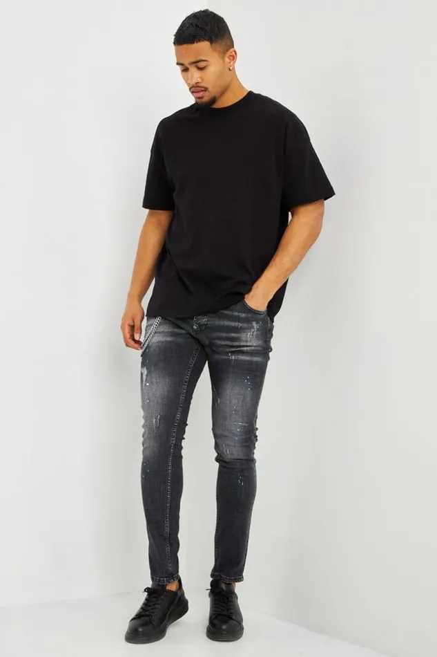 Men Jean Noir Dlav Dchir Et Taches Bleues Black Brentiny Paris Jeans