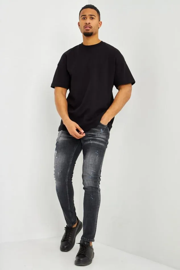 Men Jean Noir Dlav Dchir Et Taches Bleues Black Brentiny Paris Jeans