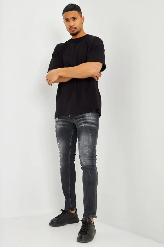 Men Jean Noir Dlav Dchir Et Taches Bleues Black Brentiny Paris Jeans