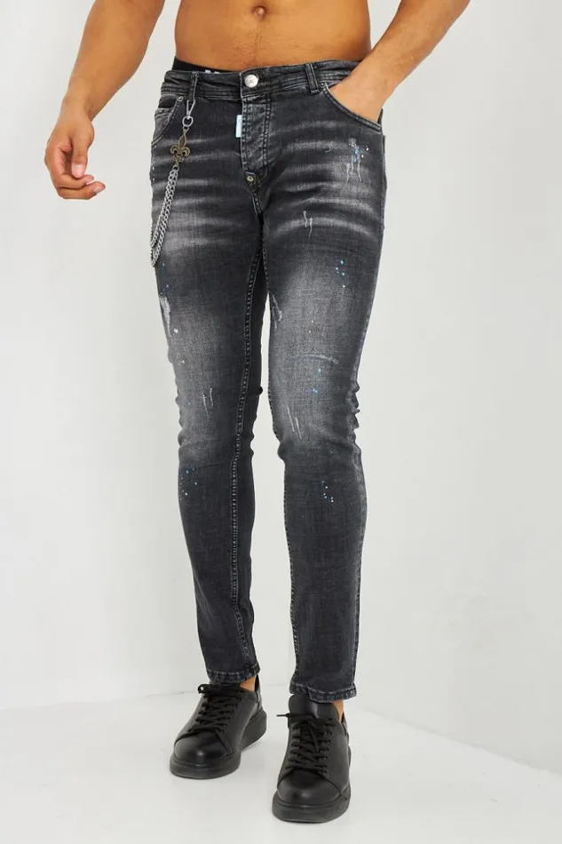 Men Jean Noir Dlav Dchir Et Taches Bleues Black Brentiny Paris Jeans