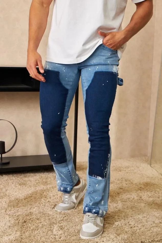 Men Jeans Coupe Droite Bleu Bicolore Avec Taches De Peinture Blue Brentiny Paris Jeans