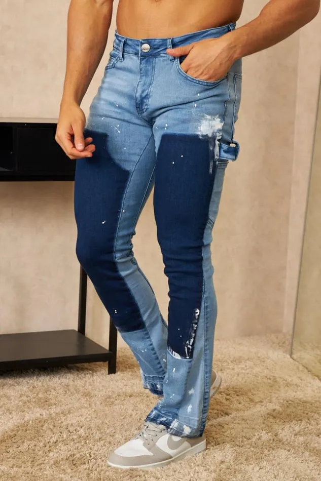 Men Jeans Coupe Droite Bleu Bicolore Avec Taches De Peinture Blue Brentiny Paris Jeans Men Jeans Coupe Droite Bleu Bicolore Avec Taches De Peinture Blue Brentiny Paris Jeans