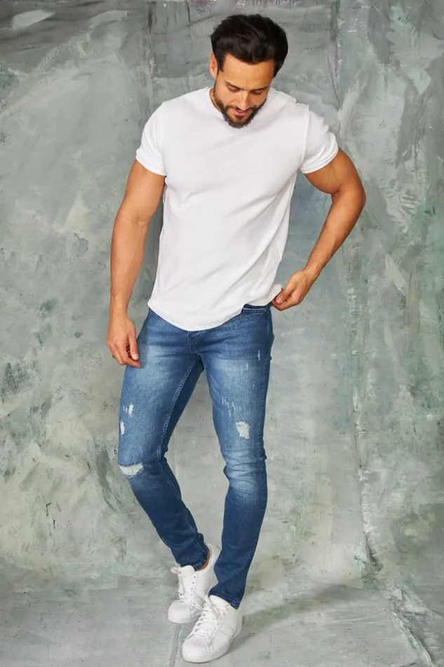 Men Jeans Skinny Bleu Fonc Dlav Dchir Blue Brentiny Paris Jeans