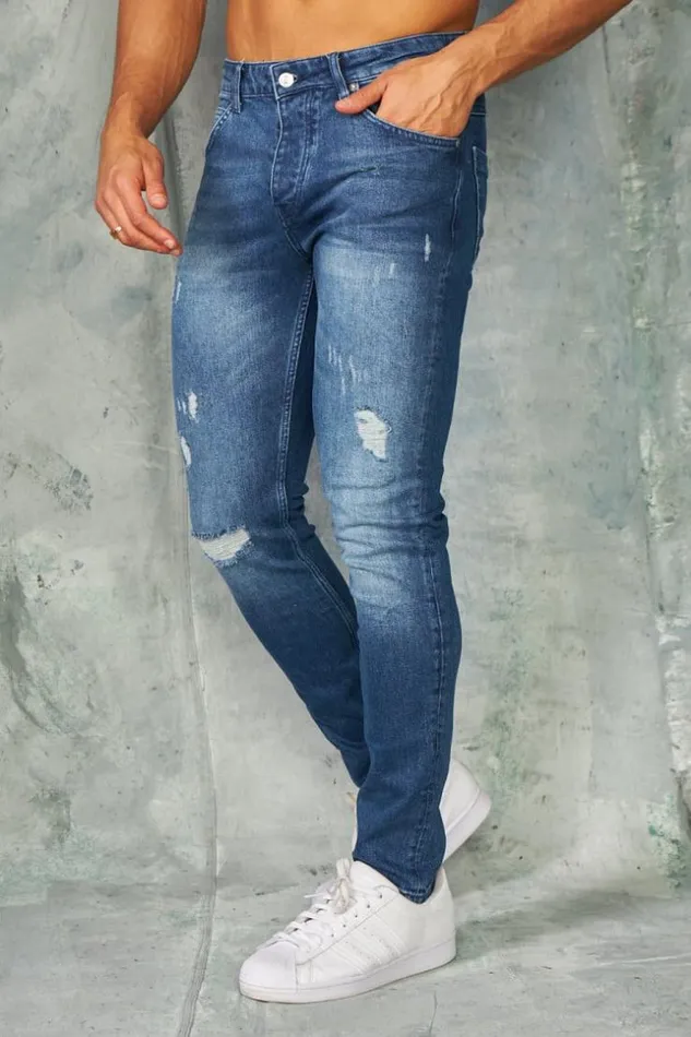 Men Jeans Skinny Bleu Fonc Dlav Dchir Blue Brentiny Paris Jeans