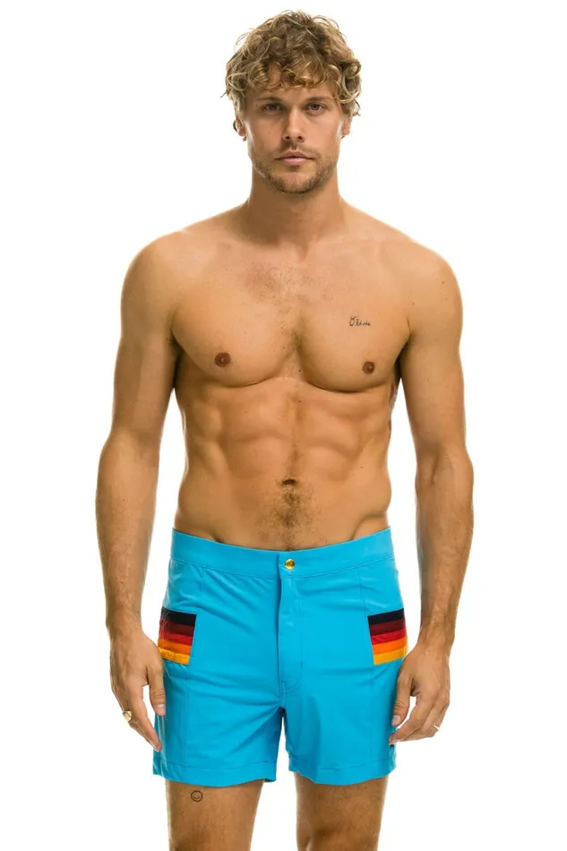 Men MEN039S HORIZONTAL 5 STRIPE FLEX SHORTS 8211 NEON BLUE Aviator Nation Shorts