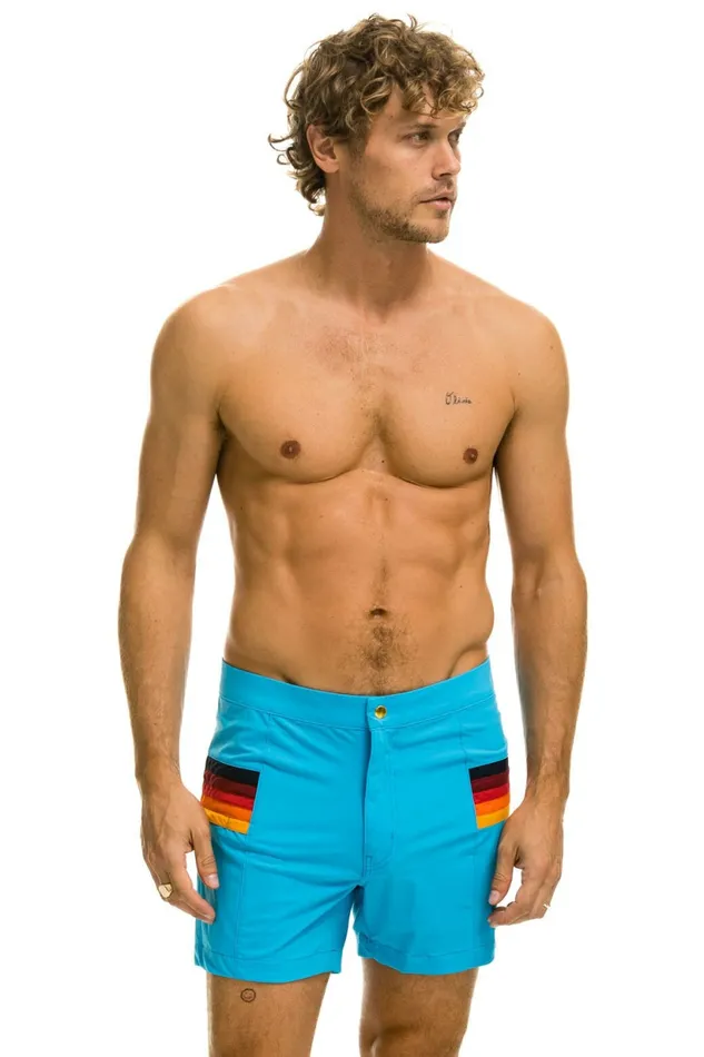 Men MEN039S HORIZONTAL 5 STRIPE FLEX SHORTS 8211 NEON BLUE Aviator Nation Shorts Men MEN039S HORIZONTAL 5 STRIPE FLEX SHORTS 8211 NEON BLUE Aviator Nation Shorts