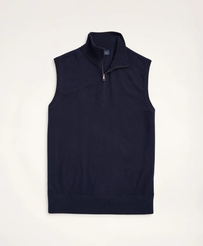Men Merino Wool HalfZip Vest Navy Brooks Brothers Sweaters