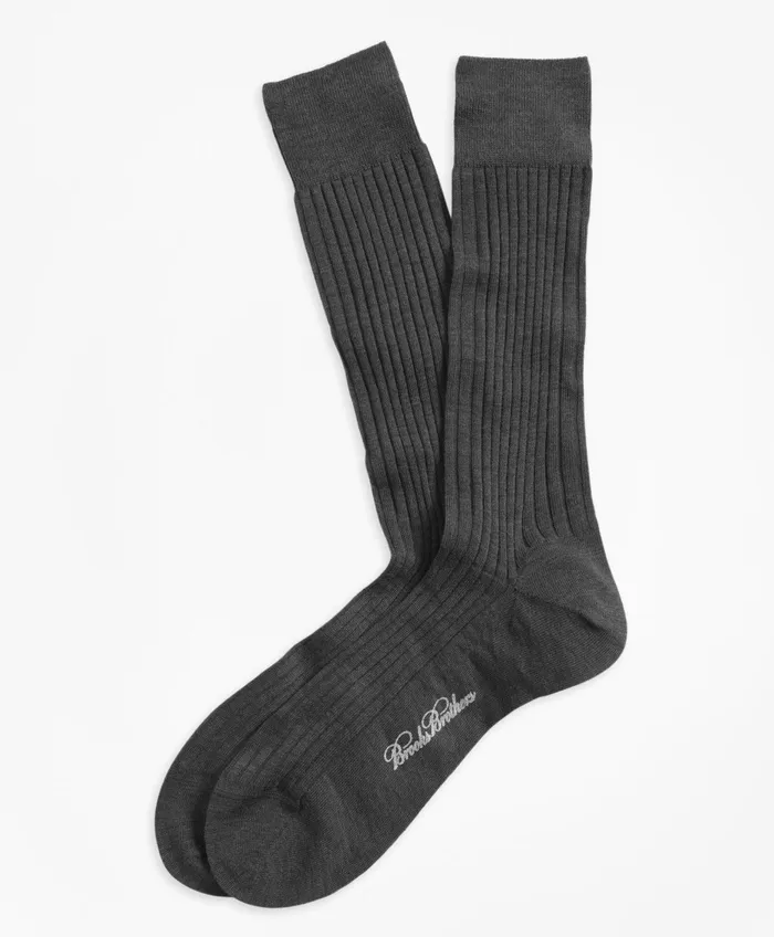 Men Merino Wool Ribbed Crew Socks Grey Brooks Brothers Sock