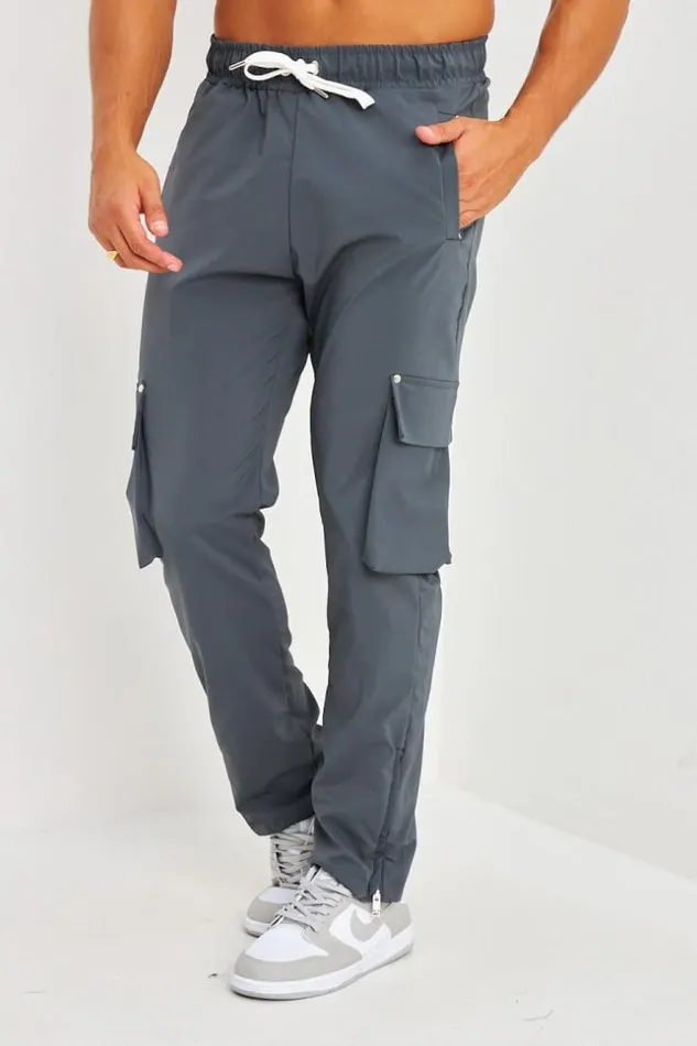 Men Pantalon De Jogging Gris Anthracite Poches Cargo Et Zipp Aux Chevilles Grey Brentiny Paris Jogging Bottoms