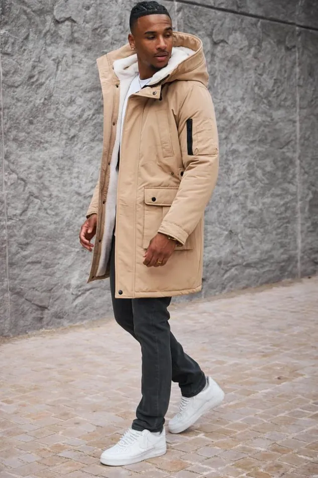 Men Parka Beige Capuche Longue Poches Beige Brentiny Paris Parkas And Down Jackets
