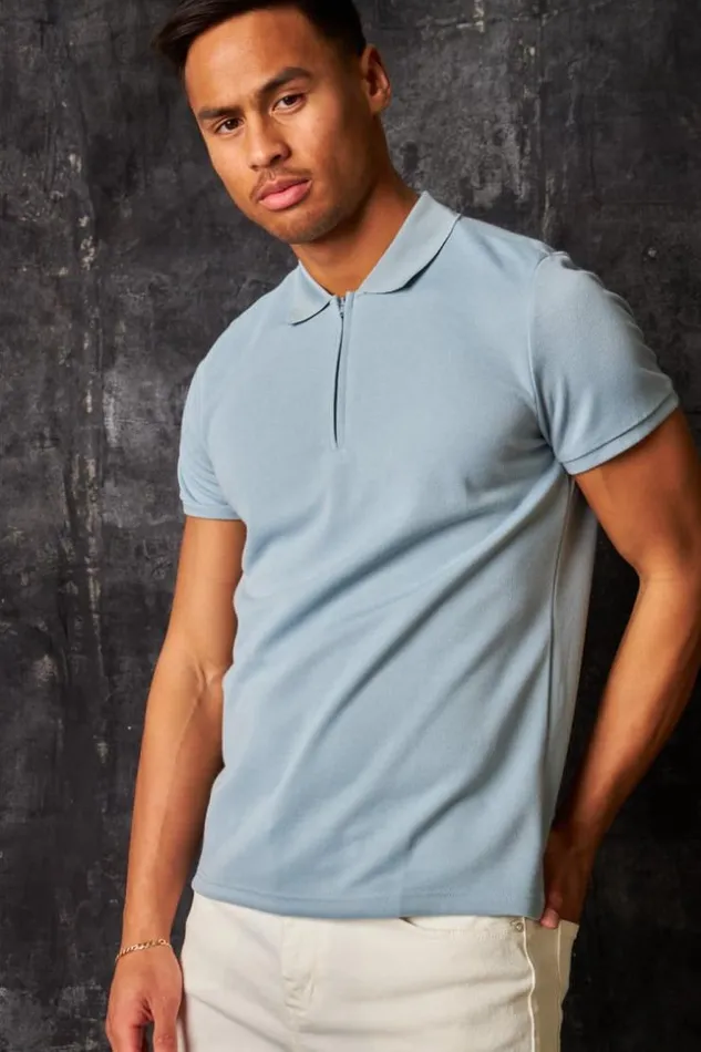 Men Polo Manches Courtes Col Zipp Bleu Clair Bleuclair Brentiny Paris Polo Shirts
