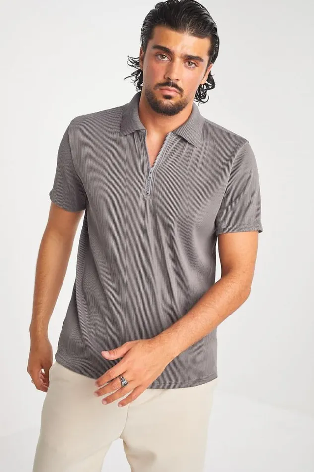 Men Polo Pliss Col Fermeture clair Gris Grey Brentiny Paris Polo Shirts