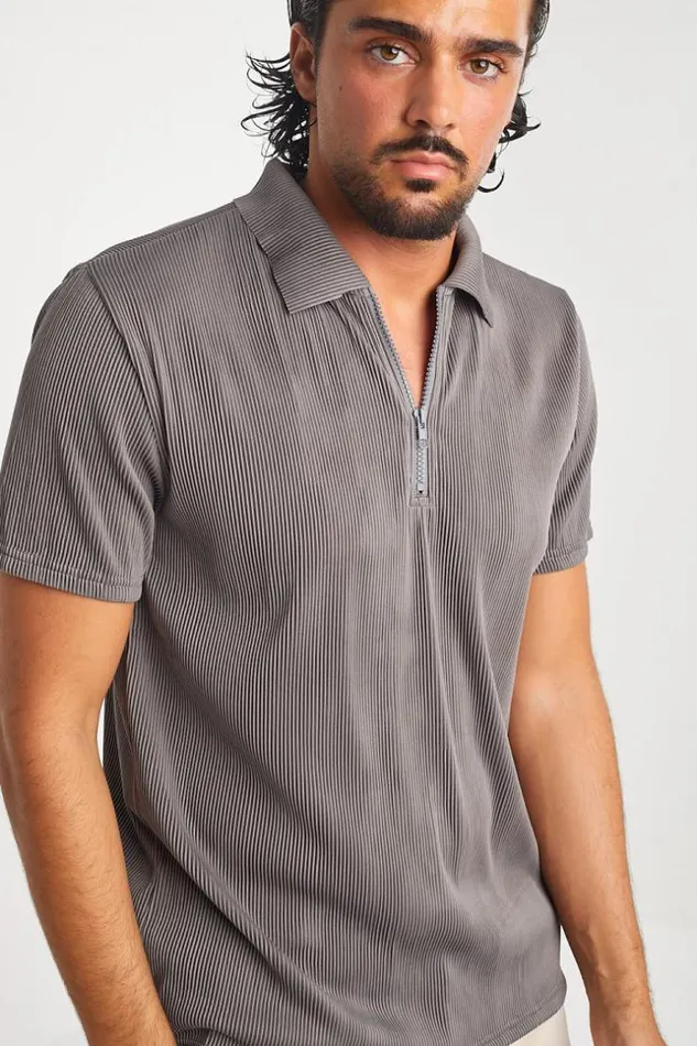 Men Polo Pliss Col Fermeture clair Gris Grey Brentiny Paris Polo Shirts