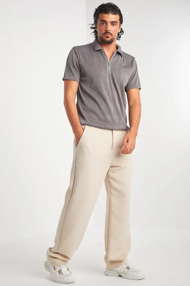 Men Polo Pliss Col Fermeture clair Gris Grey Brentiny Paris Polo Shirts