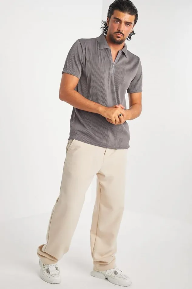 Men Polo Pliss Col Fermeture clair Gris Grey Brentiny Paris Polo Shirts