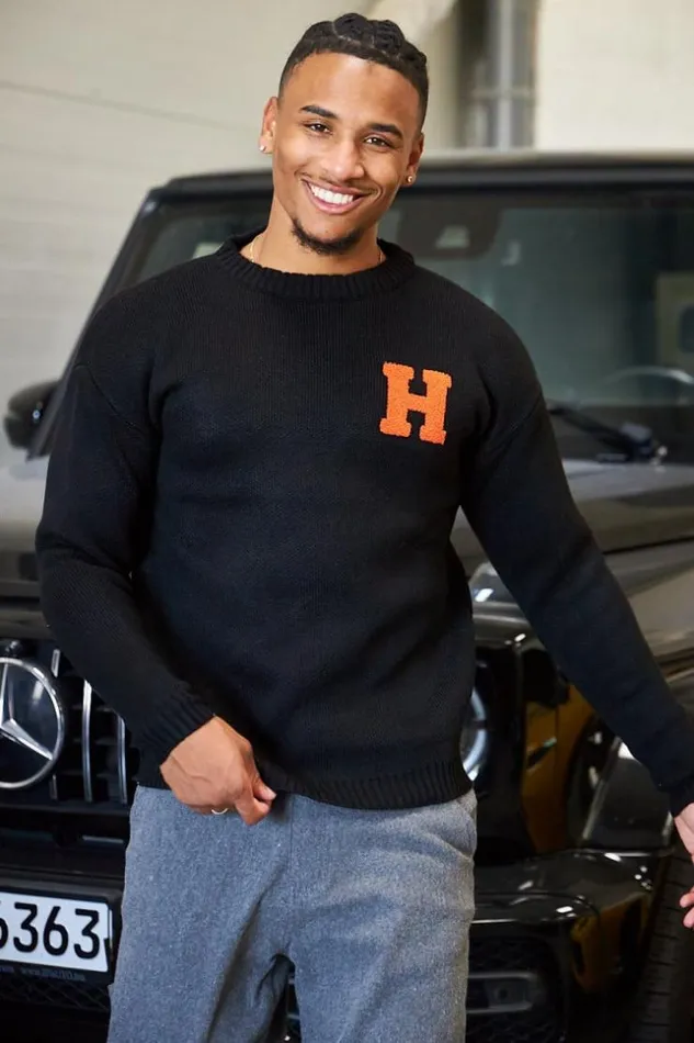 Men Pull Noir En Maille Logo 034H034 Orange Black Brentiny Paris Sweatshirts and Pullovers