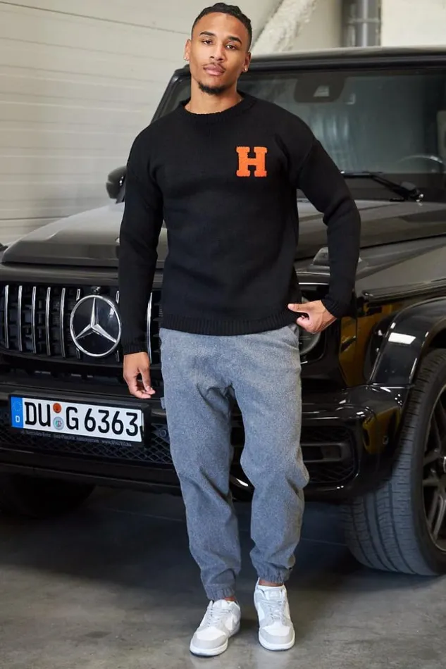Men Pull Noir En Maille Logo 034H034 Orange Black Brentiny Paris Sweatshirts and Pullovers Men Pull Noir En Maille Logo 034H034 Orange Black Brentiny Paris Sweatshirts and Pullovers