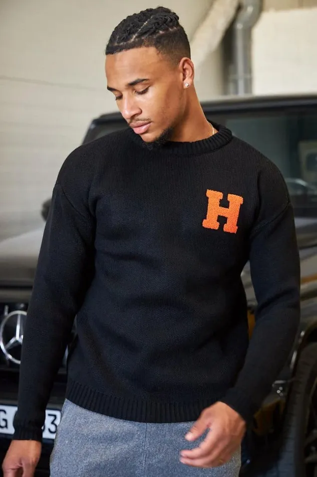 Men Pull Noir En Maille Logo 034H034 Orange Black Brentiny Paris Sweatshirts and Pullovers Men Pull Noir En Maille Logo 034H034 Orange Black Brentiny Paris Sweatshirts and Pullovers