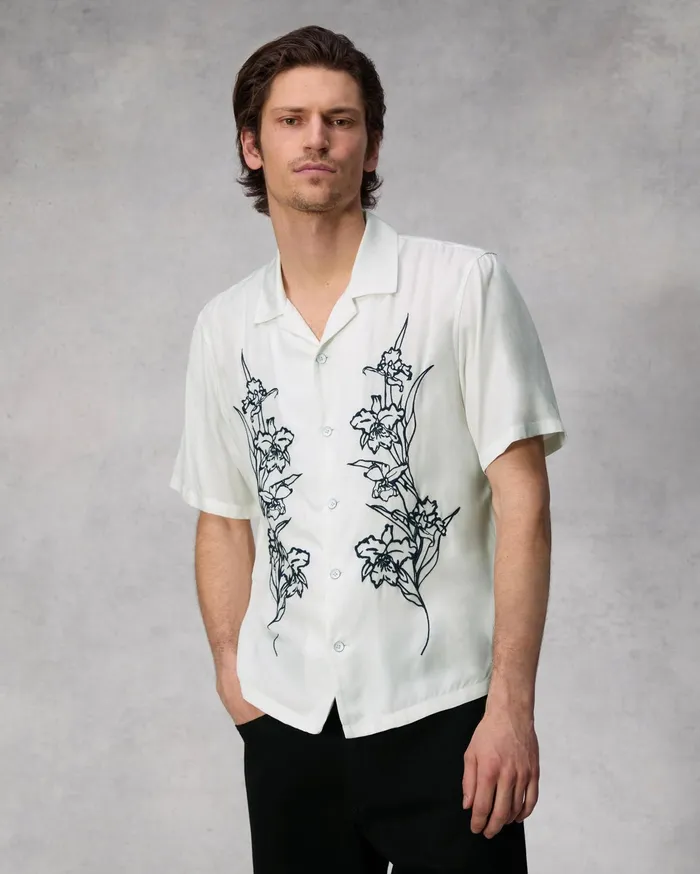Men Rag and Bone Shirts Avery Resort Embroidered Shirt Aged White