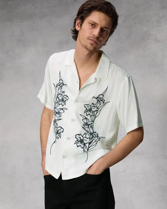 Men Rag and Bone Shirts Avery Resort Embroidered Shirt Aged White Men Rag and Bone Shirts Avery Resort Embroidered Shirt Aged White