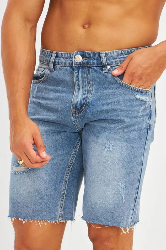 Men Short En Jean Effet Effiloch Bleu Fonc Blue Brentiny Paris Shorts