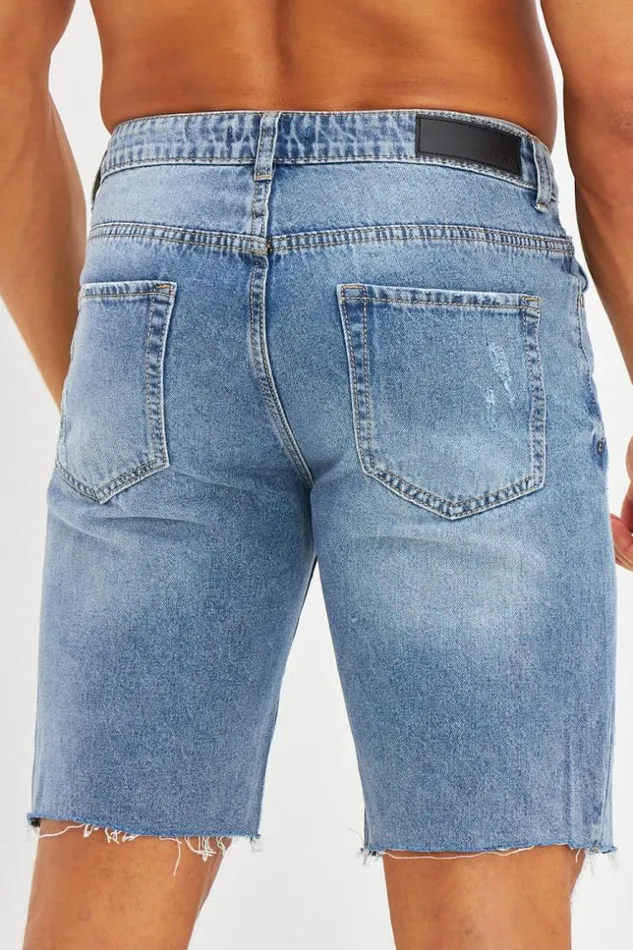 Men Short En Jean Effet Effiloch Bleu Fonc Blue Brentiny Paris Shorts