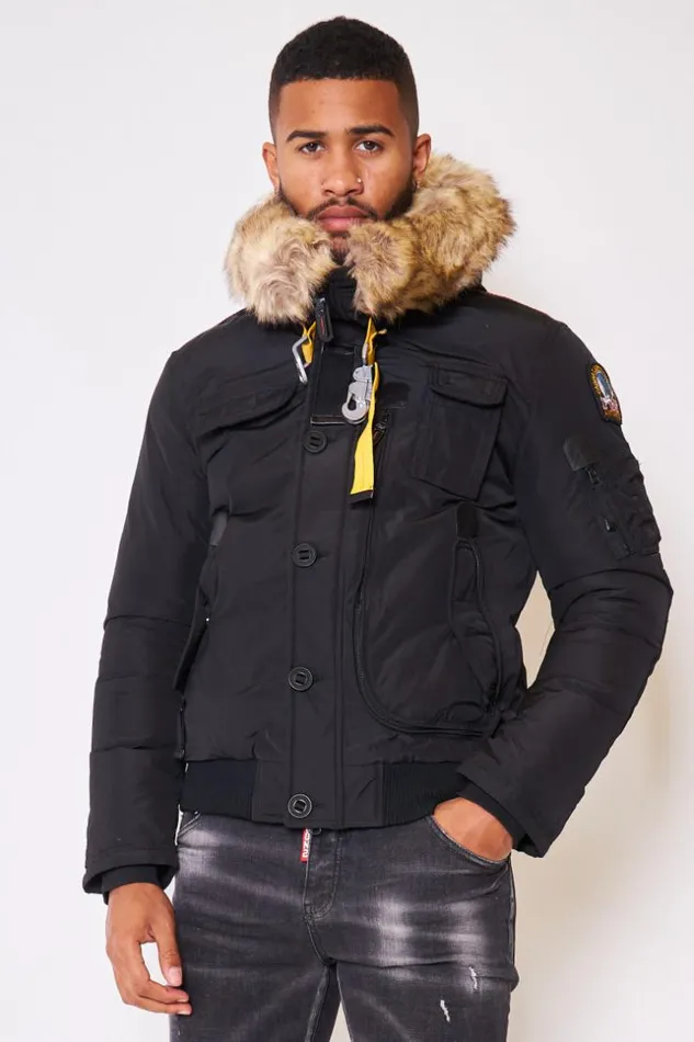 Men Short Parka Jacket With Multi Pockets And A Hood With A Faux Fur Trim In Black Black Brentiny Paris Parkas And Down Jackets