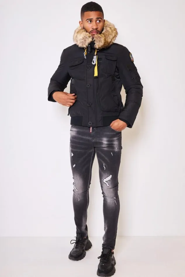 Men Short Parka Jacket With Multi Pockets And A Hood With A Faux Fur Trim In Black Black Brentiny Paris Parkas And Down Jackets