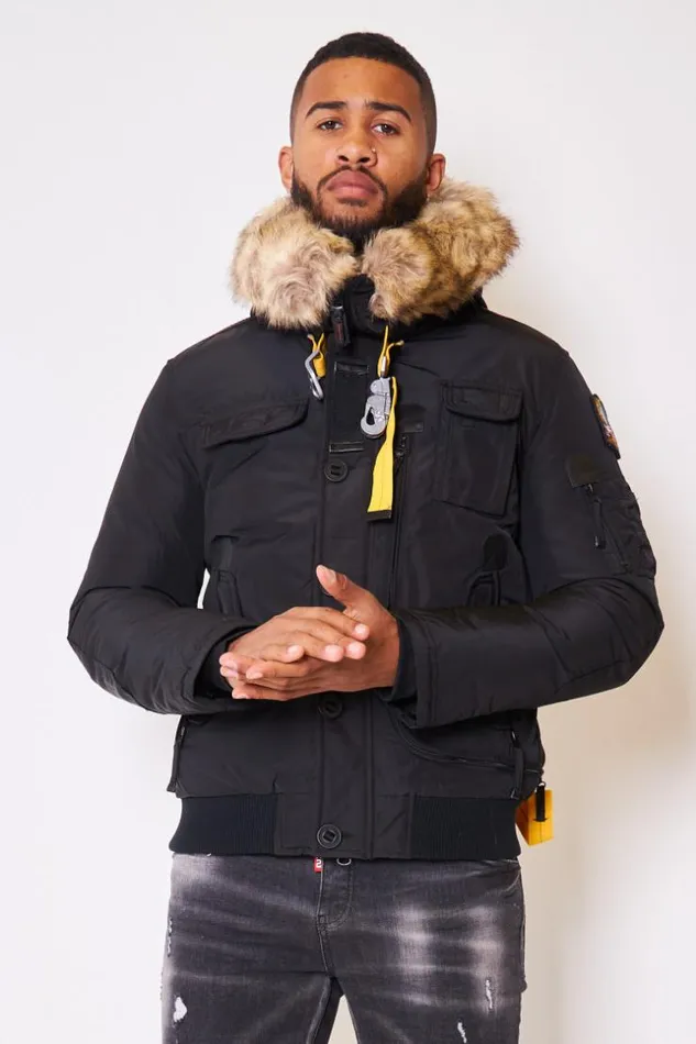 Men Short Parka Jacket With Multi Pockets And A Hood With A Faux Fur Trim In Black Black Brentiny Paris Parkas And Down Jackets