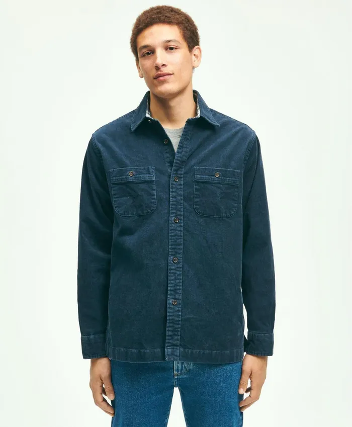 Men Stretch Cotton Corduroy Shirt Jacket Dark Blue Brooks Brothers Sport Shirts
