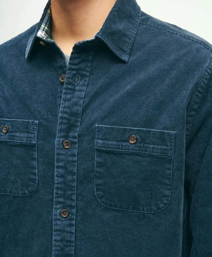 Men Stretch Cotton Corduroy Shirt Jacket Dark Blue Brooks Brothers Sport Shirts