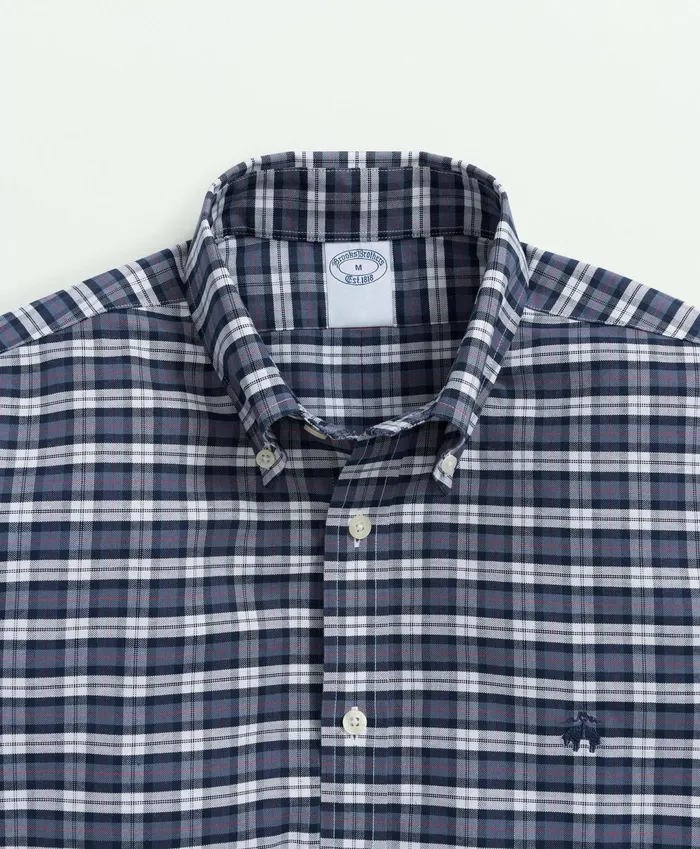 Men Stretch Cotton NonIron Oxford Polo ButtonDown Collar Tartan Shirt Dark Blue Brooks Brothers Sport Shirts