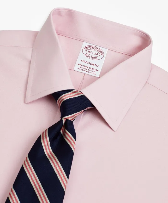 Men Stretch Madison RelaxedFit Dress Shirt NonIron Pinpoint Ainsley Collar Pink Brooks Brothers Dress Shirts