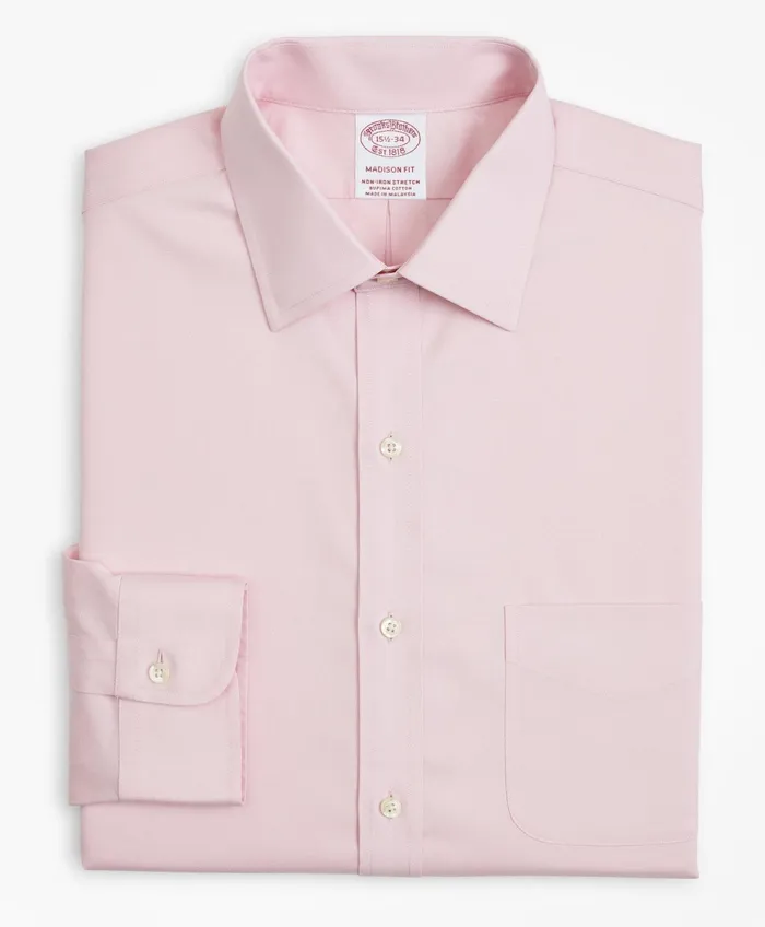 Men Stretch Madison RelaxedFit Dress Shirt NonIron Pinpoint Ainsley Collar Pink Brooks Brothers Dress Shirts