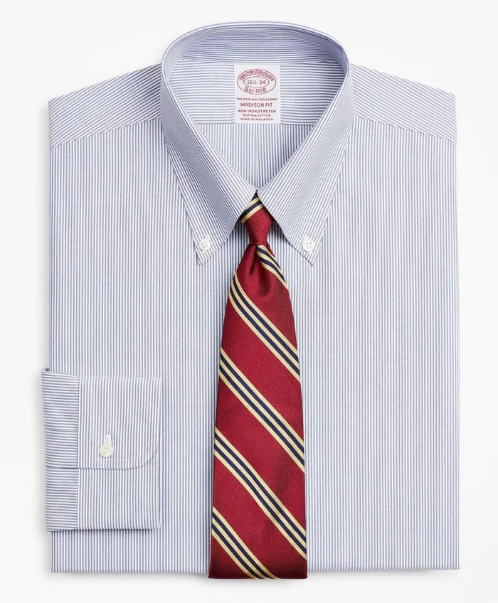 Men Stretch Madison RelaxedFit Dress Shirt NonIron Poplin ButtonDown Collar Fine Stripe Navy Brooks Brothers Dress Shirts Men Stretch Madison RelaxedFit Dress Shirt NonIron Poplin ButtonDown Collar Fine Stripe Navy Brooks Brothers Dress Shirts