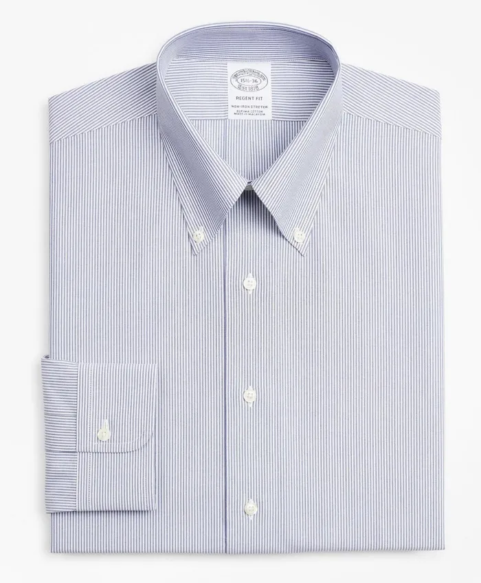Men Stretch Madison RelaxedFit Dress Shirt NonIron Poplin ButtonDown Collar Fine Stripe Navy Brooks Brothers Dress Shirts