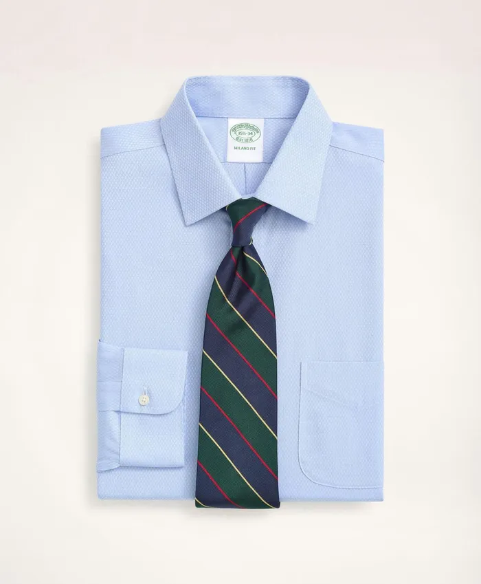 Men Stretch Milano SlimFit Dress Shirt NonIron Dobby Ainsley Collar Diamond Light Blue Brooks Brothers Dress Shirts