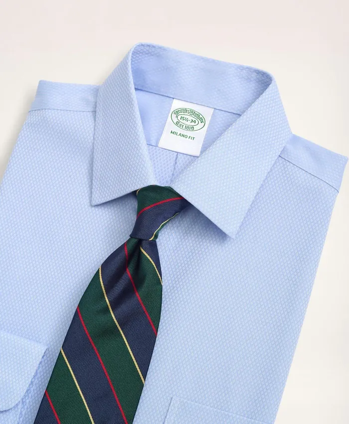 Men Stretch Milano SlimFit Dress Shirt NonIron Dobby Ainsley Collar Diamond Light Blue Brooks Brothers Dress Shirts