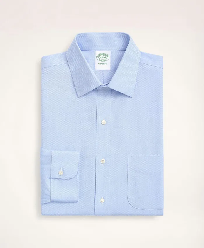 Men Stretch Milano SlimFit Dress Shirt NonIron Dobby Ainsley Collar Diamond Light Blue Brooks Brothers Dress Shirts