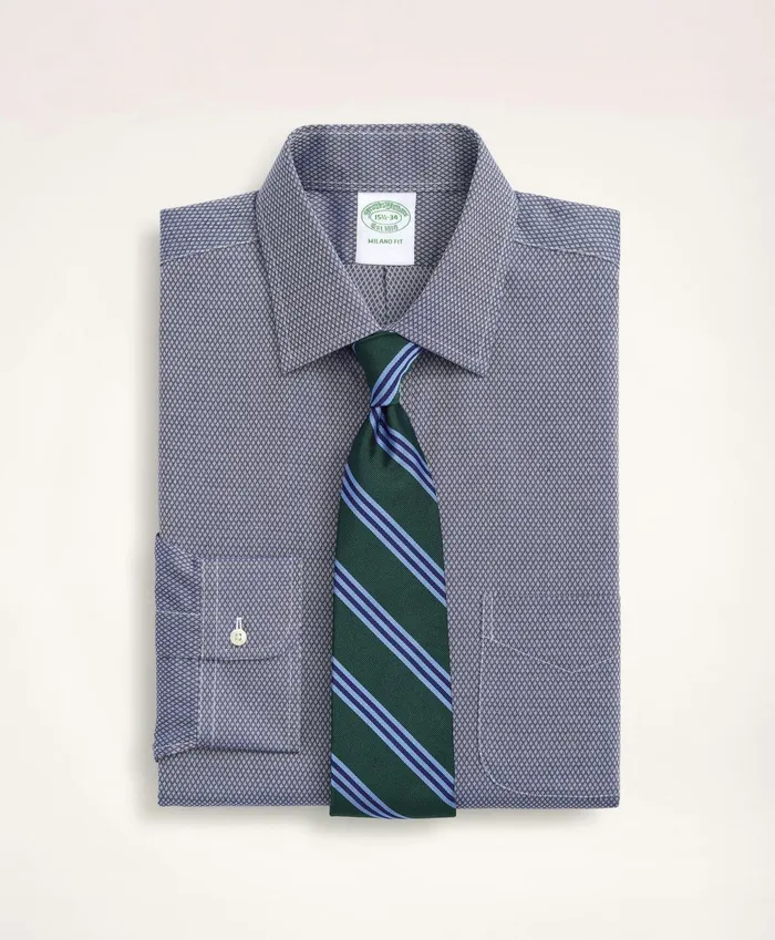 Men Stretch Milano SlimFit Dress Shirt NonIron Dobby Ainsley Collar Diamond Navy Brooks Brothers Dress Shirts