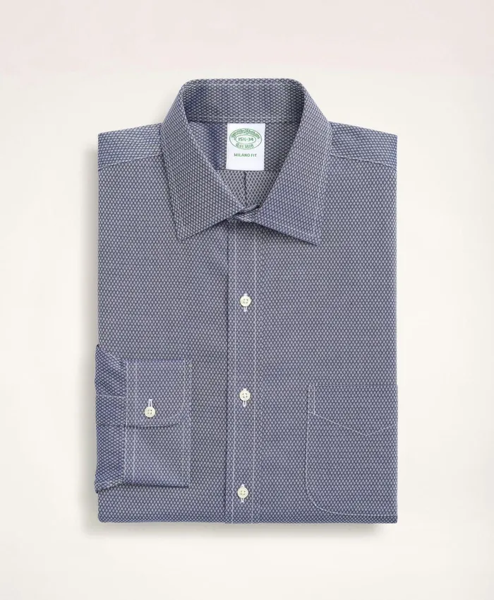 Men Stretch Milano SlimFit Dress Shirt NonIron Dobby Ainsley Collar Diamond Navy Brooks Brothers Dress Shirts